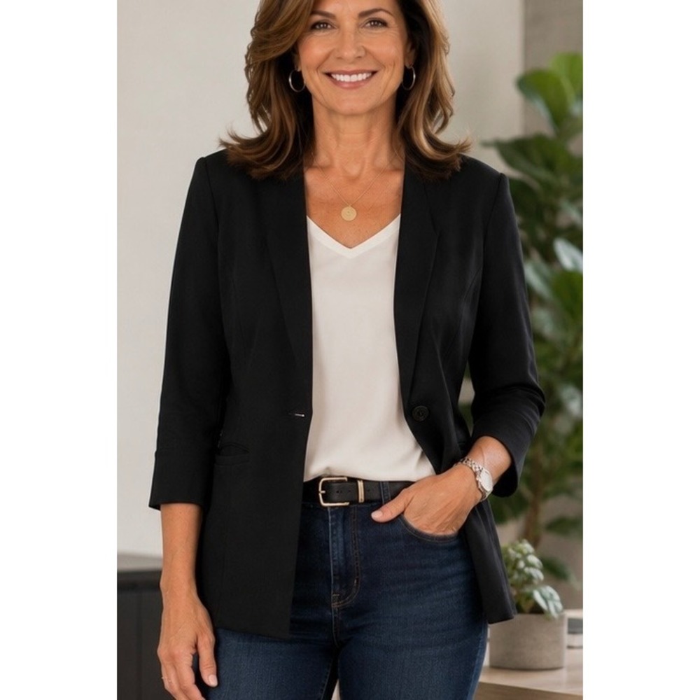 Cabi Black Ponte Knit Blazer 10‎ 3/4 Sleeve Single Button Career Work 3026